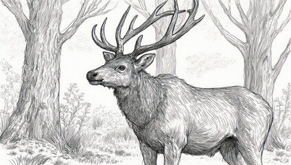 Detailed Pencil Drawing of a Majestic Elk in the Forest.