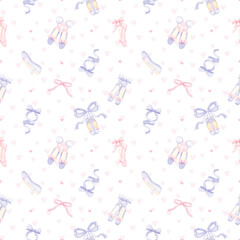Watercolor Ballet Slippers Seamless Pattern – Ballerina Dance with Bows Background Design, Girly coquette  Background