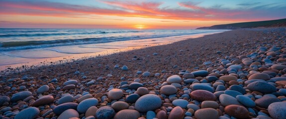 Obraz premium Colorful Sunset Over Tranquil Beach with Smooth Stones and Gentle Waves at Dusk, Scenic Coastal Landscape