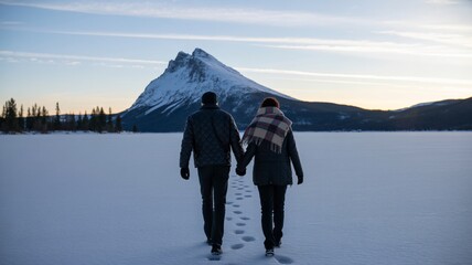 Couple holding hands walking across snowy landscape towards mountain