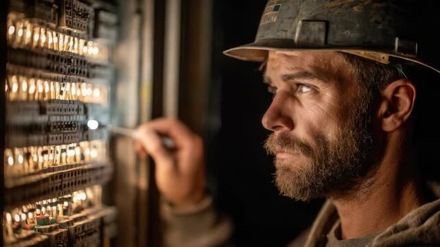 Focused Electrician Working on Circuit Panel at Night in Dimly Lit Room, Wearing Protective Clothing and Hard Hat, Engaged in Electrical Repairs
