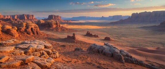 Majestic Desert Landscape at Sunset with Rock Formations and Vibrant Colors in an Expansive Canyon View