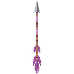Tribal Style Arrow with Purple Feathers and Beaded Shaft Isolated on Transparent Background Vector Illustration