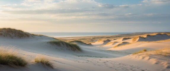 Serene Sand Dunes Under Soft Cloudy Sky with Ocean Horizon in Background at Golden Hour, Ideal for Nature and Travel Themes
