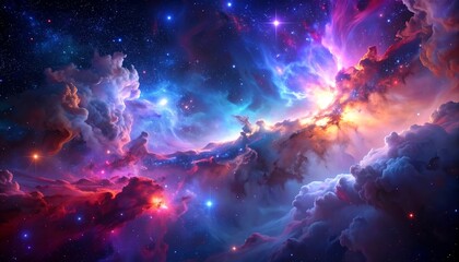 Vibrant nebula swirls with cosmic dust and bright stars