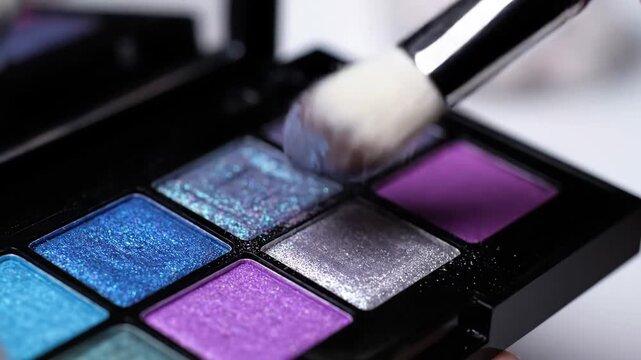 A makeup brush picks up shimmering silver eyeshadow from a vibrant palette for cosmetic application.