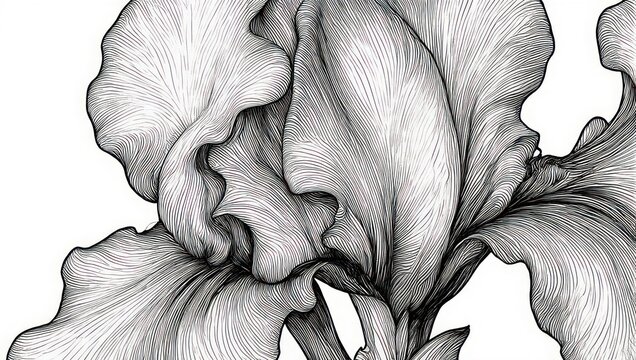 Intricate black and white hand drawn iris flower illustration.