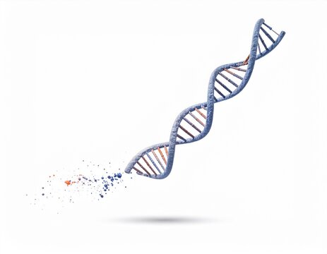 3D render of a looping, abstract DNA helix structure in blue and red dots, representing genetics, biology, and molecular science.