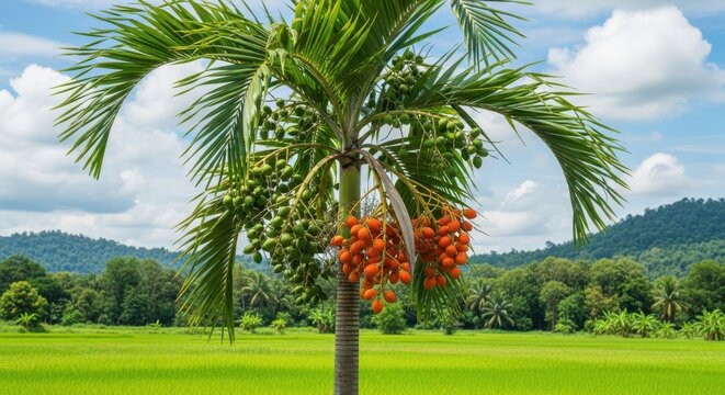 Lush tropical palm tree laden with ripening betel nuts against a scenic rural backdrop of rice paddy
