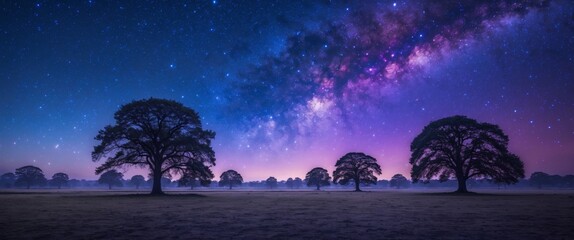 Naklejka premium Night Sky with Milky Way and Silhouetted Trees in Serene Landscape under Starry Sky