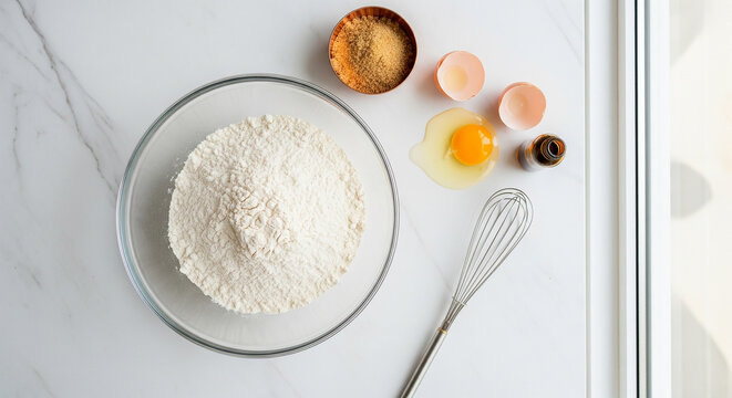 Baking ingredients like flour, eggs, and a whisk on a marble countertop, an overhead view perfect for recipe blogs and culinary preparation concepts - Powered by Adobe