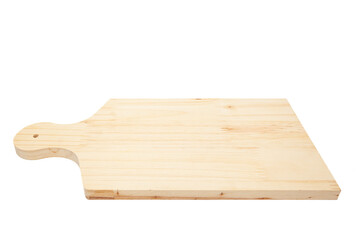 Wooden cutting board on white background, horizontal photo