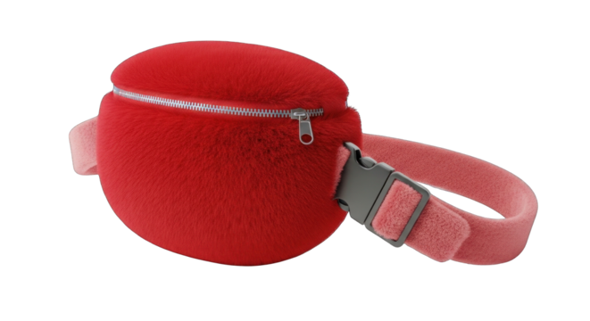 Red round fanny pack with adjustable strap and buckle.