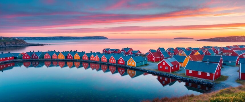 Colorful wooden houses by the serene water at sunset with vibrant skies and calm reflections in the tranquil coastal landscape - Powered by Adobe