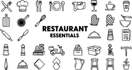 Restaurant and Kitchen Essentials Line Icons: Food Service, Cooking Tools, Cafe, and Culinary Equipment Vector Set