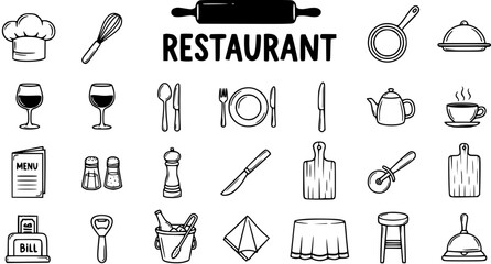 Hand-drawn Restaurant and Kitchen Icons Set. Essential Food Service, Dining, Chef Tools  Utensils Collection - Vector Style Illustrations.