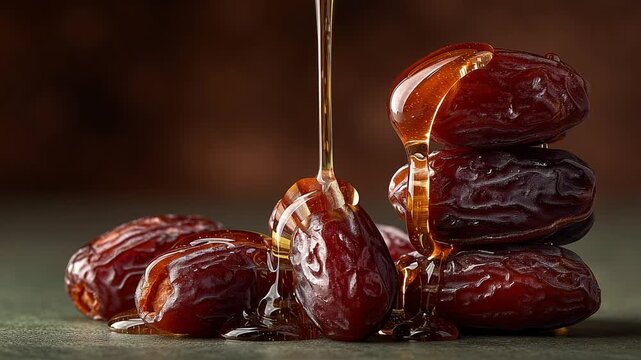 Dates with Honey Drizzling in Macro Shot on Dark Background