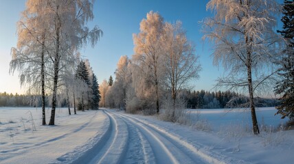 Obraz premium Winter wonderland road bathed in golden sunrise light, frosted trees line path