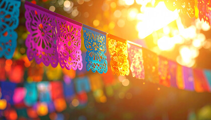 Colorful Fiesta: Vibrant papel picado banners flutter against a sunlit backdrop, casting a festive ambiance that captures the joyful spirit of cultural celebration.