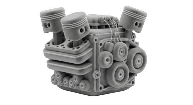 Monochrome V-engine model with exposed pistons and pulleys.