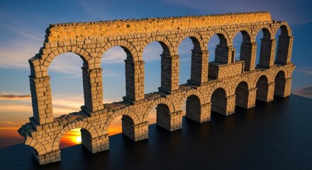 Ancient Roman Aqueduct Structure Sunset Sky Bright Colors Historic Architecture