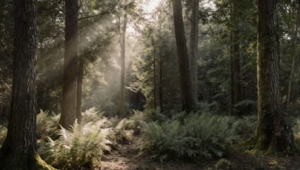 Fototapeta premium Sunlight filtering through a dense forest canopy illuminating ferns and trees.