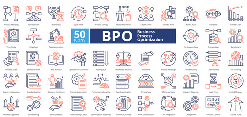 Business Process Optimization dual tone contains 50 icons including root cause, fishbone, pareto chart, time study, flowchart, task automation, continuous flow, process gap, benchmark, simple vector 