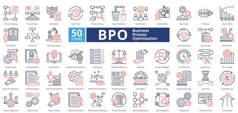 Business Process Optimization dual tone contains 50 icons including root cause, fishbone, pareto chart, time study, flowchart, task automation, continuous flow, process gap, benchmark, simple vector 