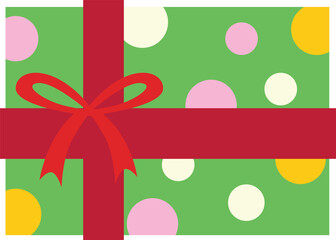 christmas gift Green polka-dot wrapped gift with large red bow and ribbon, cheerful flat Cute Christmas Element clipart illustration