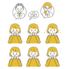 肌トラブルに悩む女性と肌の調子がいい女性と医者の吹き出しのイラストセット