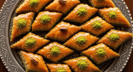 An exquisite display of golden baklava pastries adorned with pistachios on silver plate