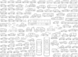 Fototapeta premium Collection of hand drawn vehicle silhouettes featuring cars trucks buses vans and other transportation modes