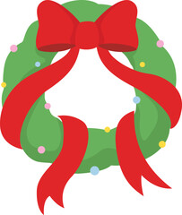 Christmas wreath with big red ribbon bow and pastel ornaments. classic door decor element. simple flat illustration isolated on white. Cute Christmas Element clipart