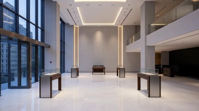A spacious, modern lobby with large windows, display cases, and bright lighting
