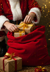 Santa Claus kneeling beside a huge red velvet sack, meticulously placing wrapped presents inside, close-up on hands adjusting ribbons and bows, golden sparkle dust in the air,