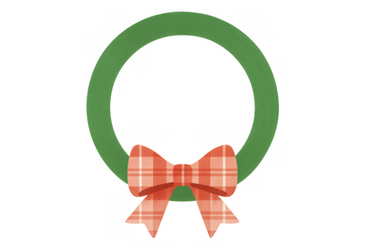 Festive green wreath with red plaid bow, christmas and winter holiday decoration, transparent background