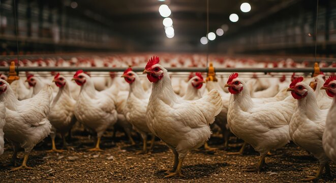 Chicken farm with numerous poultry inside building for agricultural production