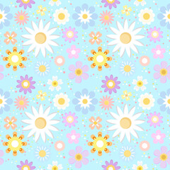 Cute Daisy and Wild Flower Mix Seamless Pattern Background.