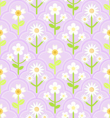 Cottagecore Daisy Garden Seamless Pattern on Pastel Scallop Background.