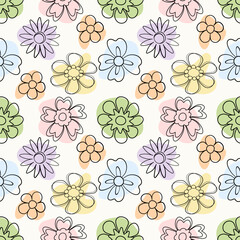 Seamless Groovy Floral Pattern in Pastel Colors.