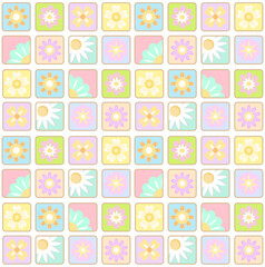 Patchwork Pastel Flower Seamless Pattern in Square Grid.