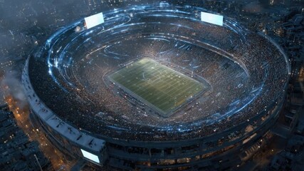 Aerial view of vibrant futuristic stadium filled with cheering crowd illuminated by dynamic lights, showcasing an electrifying sporting event atmosphere