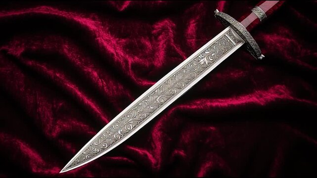 A sharp, ornate dagger placed on dark red velvet