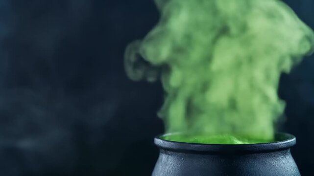 Bubbling green liquid potion in cauldron with mysterious smoke effect for halloween or science experiment concept