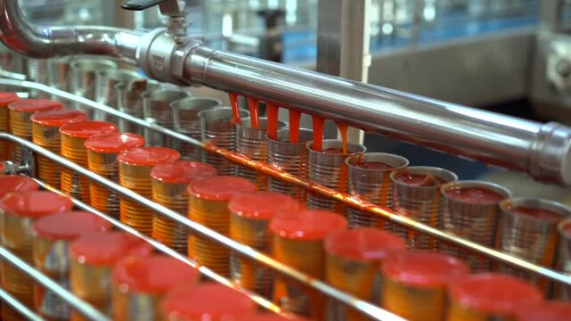 Canned fish in tomato sauce moving along automated production line in food manufacturing factory.