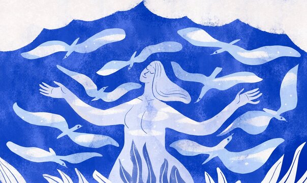 White  woman figure with birds  on blue 