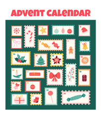 Christmas Advent calendar. Hand drawn elements. Christmas tree, gingerbread, candy, bows, baubles, gingerbread. Xmas vintage background and greeting card.