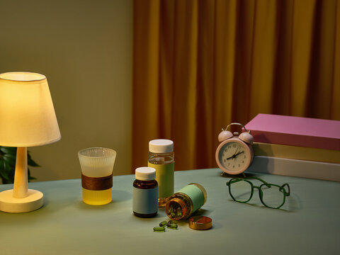 Evening bedside setup featuring a lamp, medication, glasses, and clock