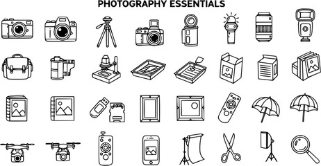 Photography Essentials: Line Art Icons of Camera Equipment, Accessories, and Tools
