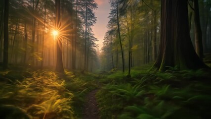 A sunlit forest path winds through tall trees, with mossy ground and a misty atmosphere - Powered by Adobe